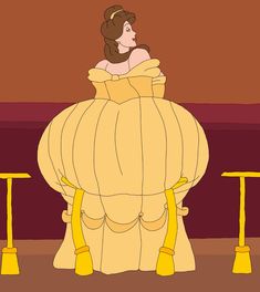 a woman in a yellow dress sitting on a giant pumpkin with two poles around her