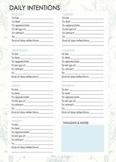 Product Description Set your intentions daily for the next four weeks with these daily intention cards! Each package includes 4 "Weekly" intention cards that outlines the intentions for each day of the week. Similar to a GPS system, intentions can buffer some of life's detours and keep us aligned on our unique paths. It's fuel to the realization of your visions, goals, and dreams. There are multiple prompts on the cards to help you think about how you wish to shape your day, but the essence is t Daily Intentions List, Ifrane Morocco, Bullet Journal Mood Tracker, Daily Intentions, Set Your Intentions, Healing Journaling, Life Binder, Writing Therapy, Planner Pdf