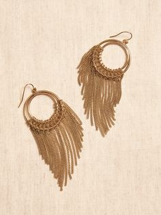 Fringed Hoop Earrings | Banana Republic Gold Fringe Earrings In Brass, Gold Dangle Hoop Earrings With Chain Detail, Gold Dangle Hoop Earrings With Chain, Chic Metal Tassel Dangle Earrings, Chic Metal Dangle Tassel Earrings, Gold Fringe Drop Earrings, Elegant Metal Hoop Chandelier Earrings, Elegant Metal Chandelier Hoop Earrings, Elegant Gold Fringe Chandelier Earrings