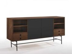 the sideboard is made from wood and has two doors, one with black panels