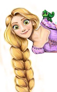 a drawing of a girl with long blonde hair and a frog on her shoulder