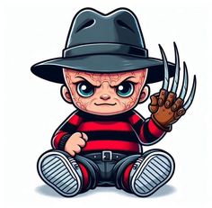 a cartoon character in a hat with claws on his hand and wearing a red striped shirt