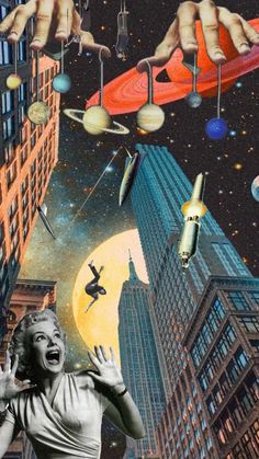 an image of a woman screaming in the air with her hands above her head, surrounded by buildings and flying objects