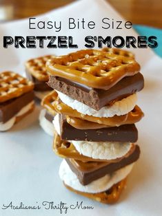 chocolate and pretzel s'mores are stacked on top of each other