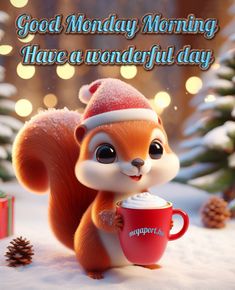 a red squirrel holding a cup of coffee in the snow with christmas lights behind it