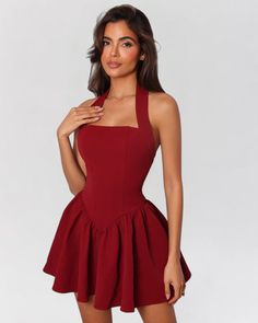 Wine red halter contour a-line mini dress Red Hoco Dress, Christmas Day Outfits, Valentines Dance, Heiress Beverly Hills, Closet Capsule, Cute Valentines Day Outfits, Wine Colored Dresses, Birthday 17, Mini Dress Outfits