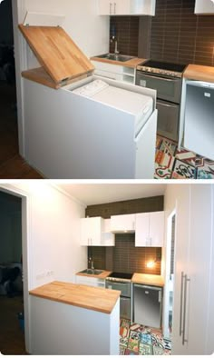 two pictures of the same kitchen in different rooms