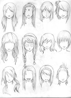 various hairstyles for girls with long hair and bangs, drawn in pencil on paper