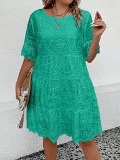 Loose Shorts Outfit, Lace Dress Outfit, Plus Size Lace Dress, Smocked Dresses, Flare Long Sleeve, Square Neck Dress, Crewneck Dress, Ruffle Hem Dress, Plus Size Kleidung