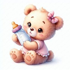 a brown teddy bear holding a baby bottle