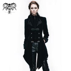 Gothic Ladies Embroidered High Collar Black Dovetail Velveteen Coat Gothic Formal Outerwear For Fall, Formal Gothic Outerwear For Fall, Elegant Formal Outerwear For Halloween, Elegant Formal Halloween Outerwear, Gothic Formal Winter Outerwear, Long Coat For Halloween, Winter Formal Punk Outerwear, Punk Style Formal Winter Outerwear, Black Long-sleeved Dark Academia Outerwear