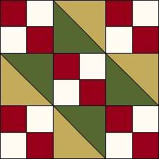 an image of a patchwork quilt with red, green and white squares