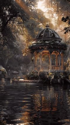 a gazebo sitting in the middle of a forest next to a body of water