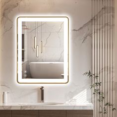 a bathroom with a sink, mirror and bathtub in front of a wall mounted light