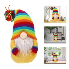 an image of a stuffed gnome with rainbow colors