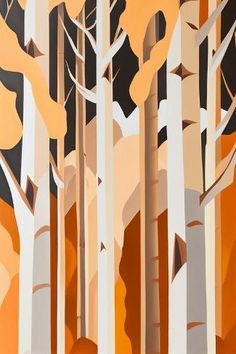 an abstract painting of trees in the woods