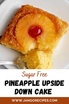 a slice of pineapple upside down cake on a white plate with a bite taken out