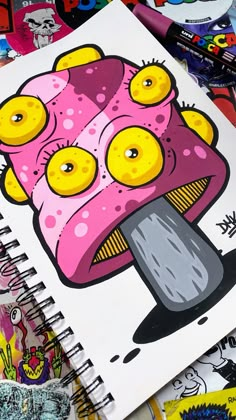 a drawing of a pink mushroom with yellow eyes