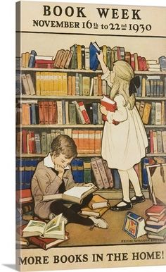 an advertisement for children's book week with two children reading in front of bookshelves