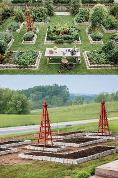 an outdoor vegetable garden is shown in two different pictures