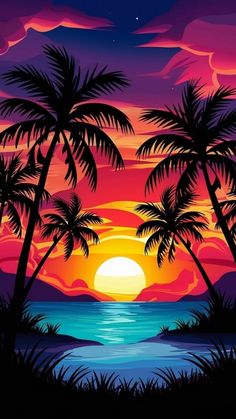 sunset with palm trees and the ocean