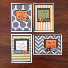 four handmade halloween cards with trick or treat written in orange and black on them