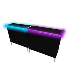 two black cabinets with purple and blue lights on them, one is turned on the other side