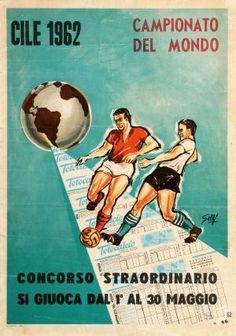 an old poster shows two men playing with a soccer ball on top of a map