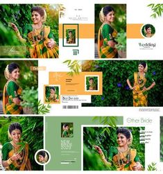 the green and yellow wedding brochure is shown in several different photoshopped