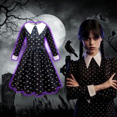 ✨Introducing the ultimate Wednesday Addams costume for girls! Perfect for Halloween, themed parties, or any dress-up event, this costume includes everything you need to channel your inner Wednesday. The dress is made of high-quality materials and features Wednesday's iconic black and white striped look, with a Peter Pan collar and a full, authentic skirt. The matching purse is the perfect size for carrying all your essentials and has a small handle, just like Wednesday's.♥ Wednesday Costume Kids, Wednesday Halloween Costume, Wednesday Outfit Ideas, Addams Halloween Costume, Wednesday Addams Halloween, Wednesday Halloween, Wednesday Costume, Wednesday Outfit, Wednesday Addams Costume