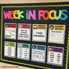 a bulletin board with words on it that read week in focus and pictures to describe