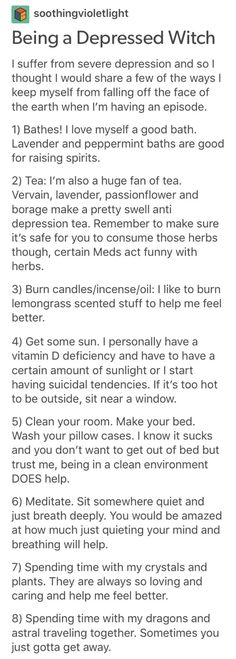 Not that I'm depressed, but these are great tips. Sick Witch Tips, Witch Tips For Sickness, Witch Things, Witch Board, Witches Broom, Witch Tips, Witchy Tips, Broom Closet, Which Witch