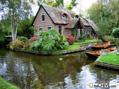 a house on the side of a river with lots of plants growing out of it