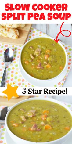 two pictures showing how to make slow cooker split pea soup