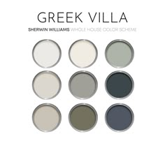 six different shades of grey paint with the words greek villa