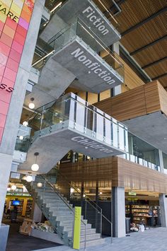 the interior of a large building with stairs and signs on it's side wall