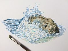 a drawing of a rock in the ocean with water splashing on it and a pen next to it