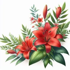 red flowers and green leaves on a white background