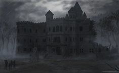 an old castle with people standing in front of it on a rainy day, while dark clouds loom overhead