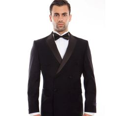 "Men's Slim Fitted Double Breasted Tuxedo Features A Six On Two Button Closure, Black Satin Peak Lapel, And Side Vents. The Pants Are Flat Front And Made From 100% Wool. The Pants Come Six Inches Smaller Than The Jacket Size And Can Be Adjusted Out Two Inches Or In Four Inches By A Tailor. The Pant Length Is Unfinished For Custom Hemming." Tuxedo Colors, Double Breasted Tuxedo, Peak Lapel, Pant Length, Black Satin, Mens Suits, Blazer Suit, Double Breasted, Slim Fit