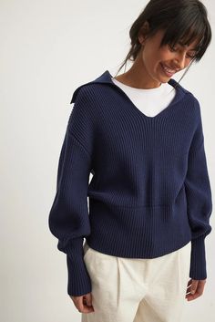 V-neck Knitted Collar Sweater Blue | NA-KD Knitted Collar, Boatneck Sweater, Collar Sweater, Balloon Sleeves, Na Kd, Blue Sweaters, Soft Knits, Vneck Sweater, Relaxed Fit