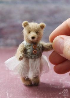 a tiny teddy bear dressed in a tutu and dress is being held by someone's hand