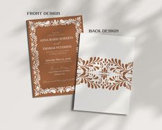 two wedding cards with brown and white designs