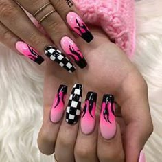 Nascar Nails, Pink And Black Nails, Fly Nails, Checkered Nails, French Pedicure, Edgy Nails, Her Nails, Glow Nails, Summer Acrylic Nails