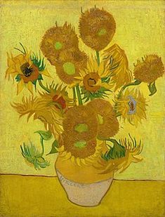 a painting of sunflowers in a vase on a table