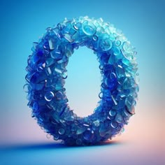 the letter o is made out of plastic bottle caps and blue glass bottles on a light blue background