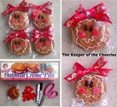 four cookies wrapped in plastic with red bows and buttons on the top one is decorated like a ginger