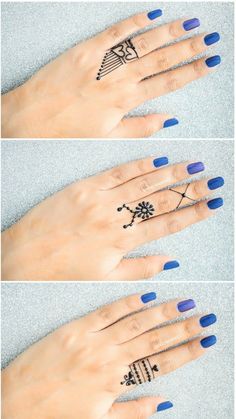 three pictures of different designs on someone's hand with blue nail polish and black ink