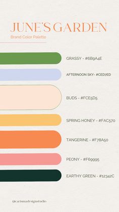 the june's garden color palette is shown in shades of green, orange and yellow