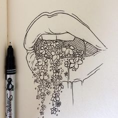 a drawing of a woman's lips with flowers coming out of her mouth